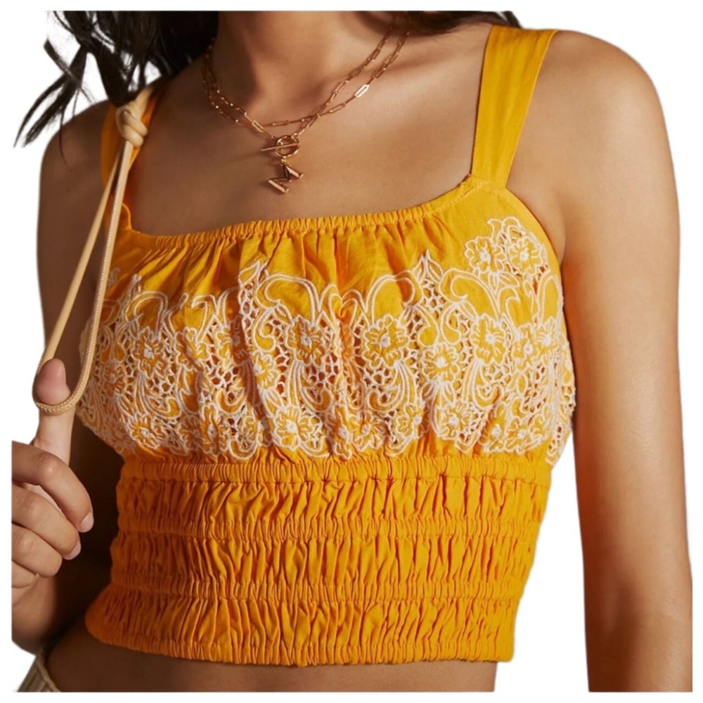 Anthropologie Pilcro Embroidered Smocked Cropped Top